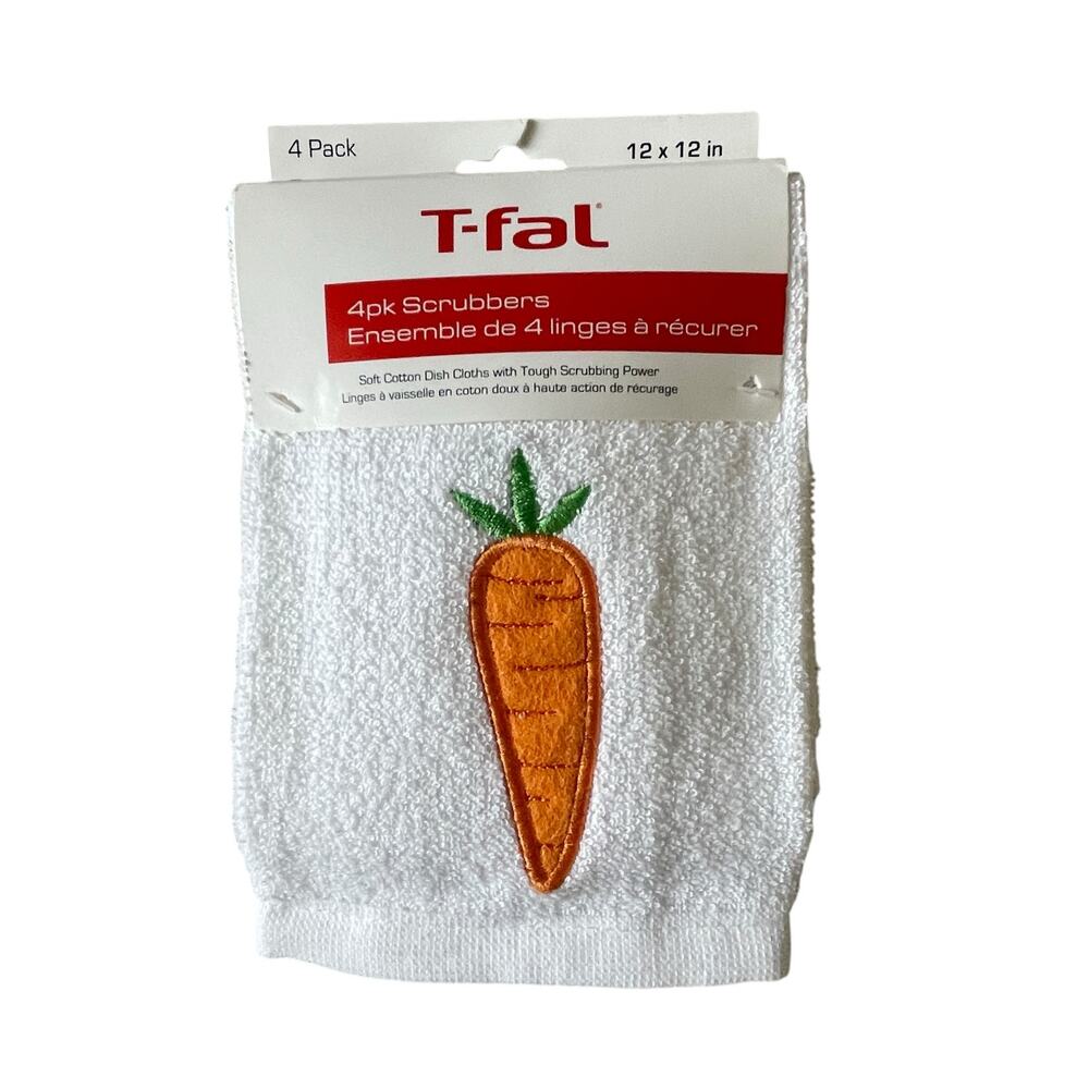 T-Fal Carrot Cotton Dish Towel Scrubbers 12x12 Set of 4 Spring Easter White NEW